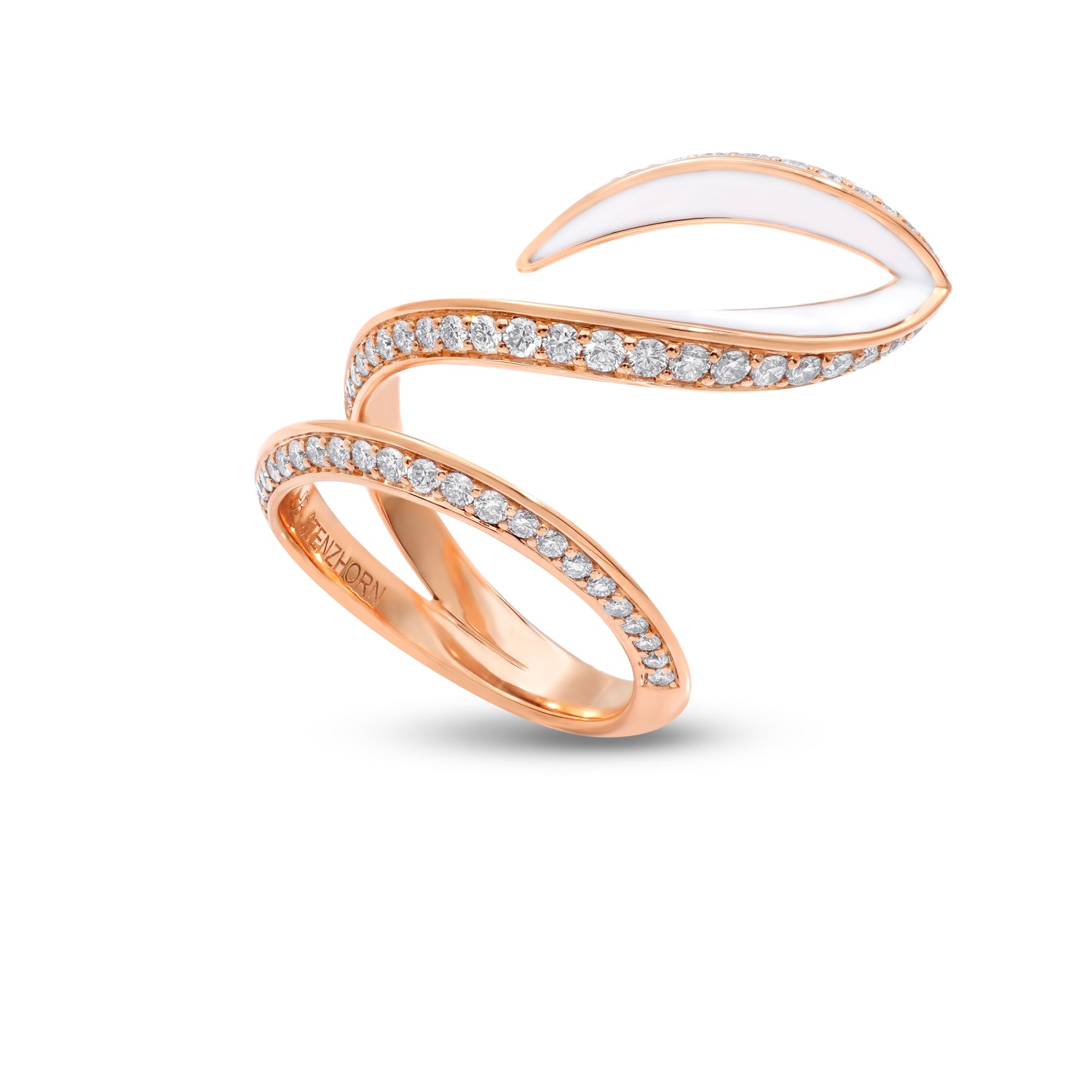VIVA geschwungener Ring mit Diamanten und weißer Emaille
