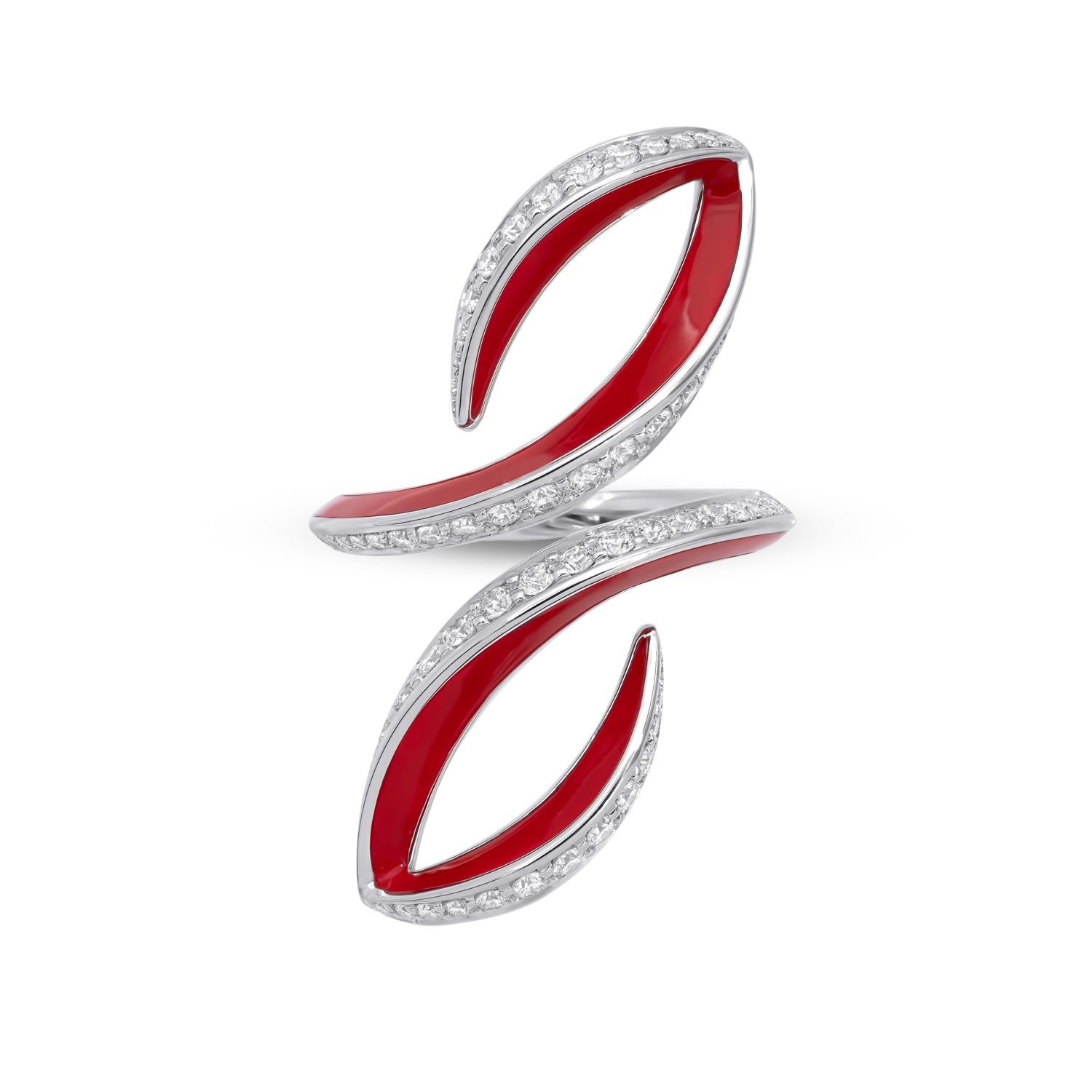 VIVA doppelt geschwungener Ring mit Diamanten und roter Emaille