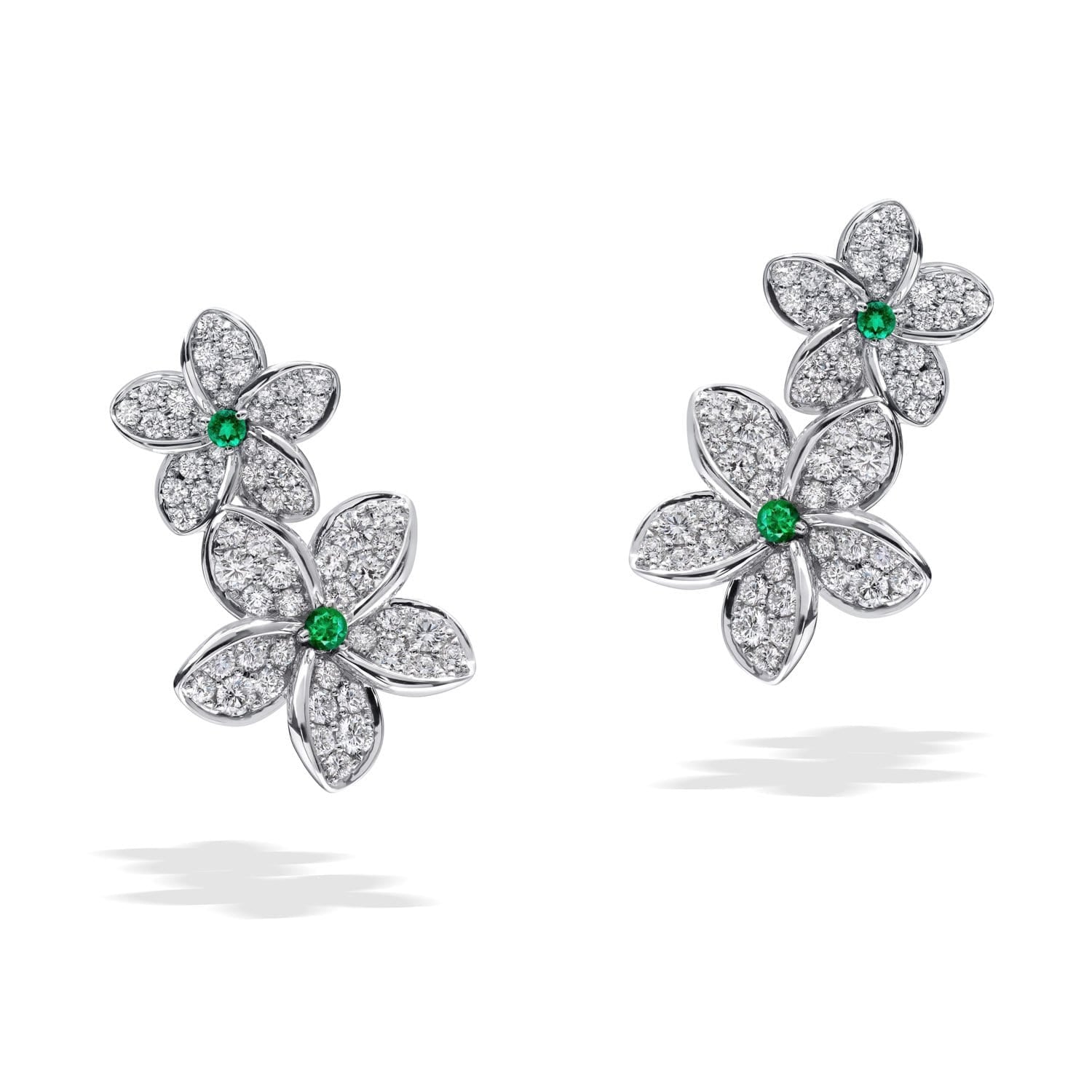 PLUMERIA Diamond and Emerald Earrings Double Flower