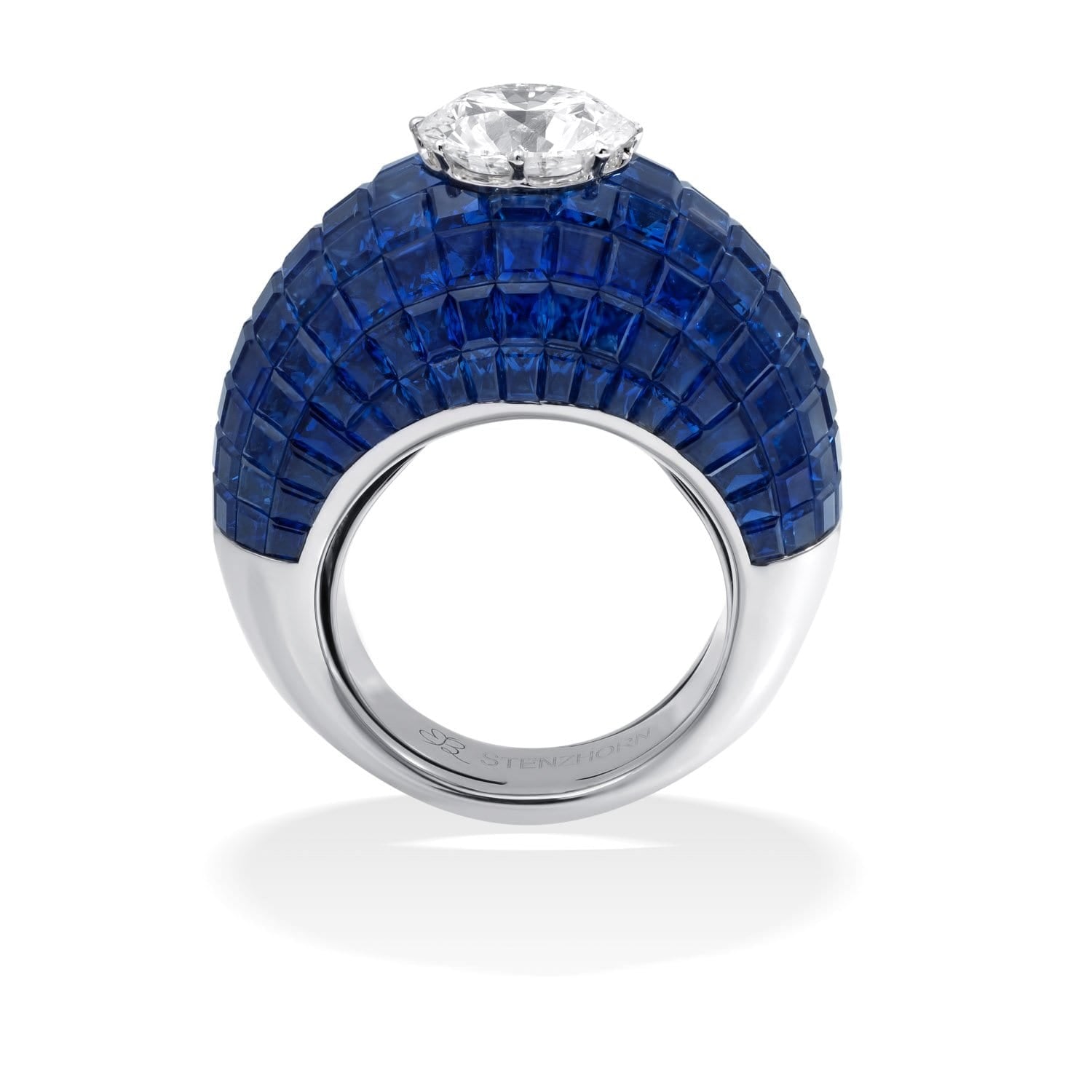 MOSAIC CLASSICAL "VELLUTO" Sapphire Dome Ring with Round Diamond Center
