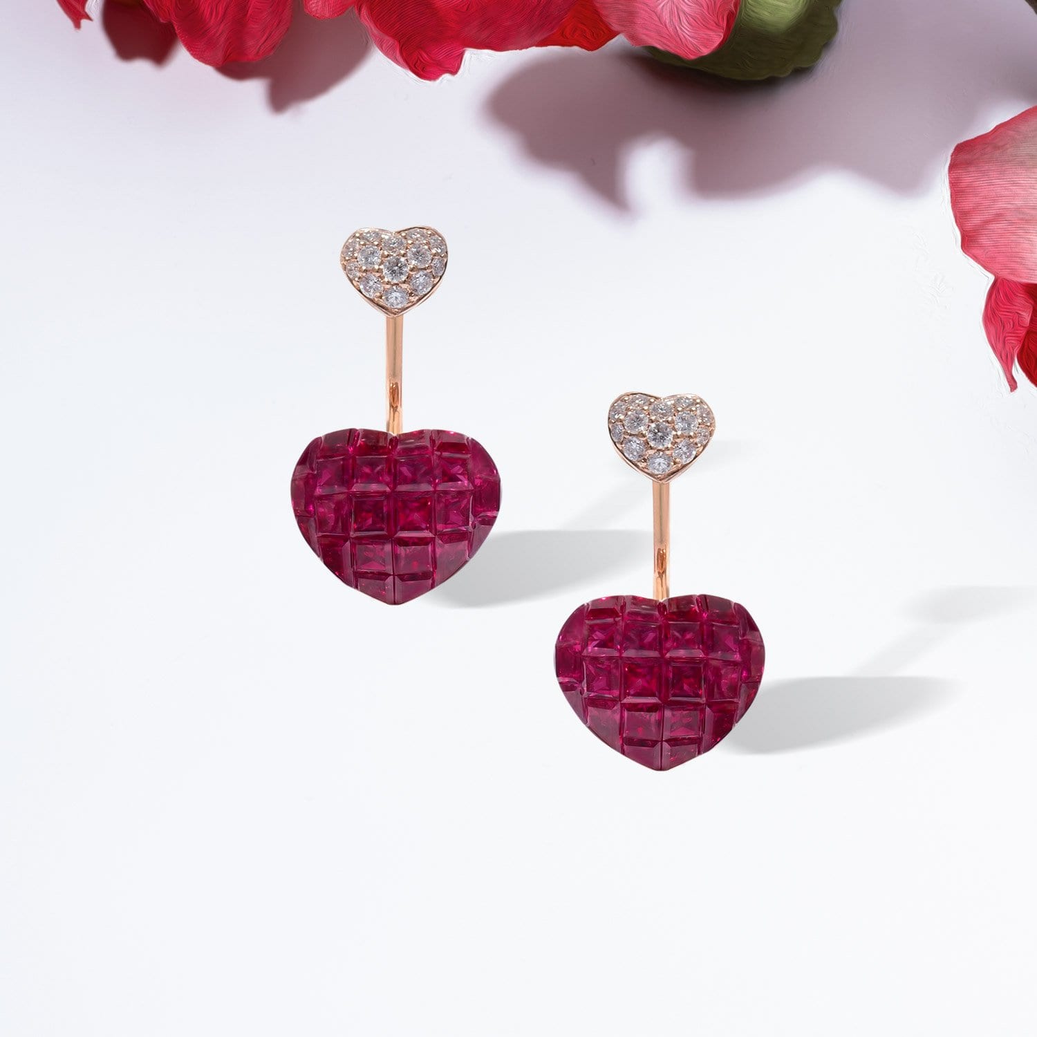 BEE MINE Mosaic Ruby Heart Rose Gold Earrings